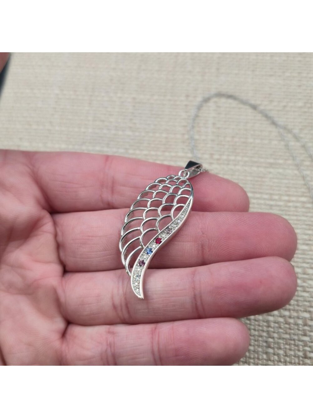 20 Inch Sterling Silver Cubic Zirconia Angel Wing Pendant Necklace A7407 - Picture 3 of 7